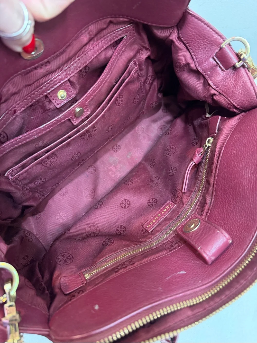 Tory Burch burgundy red Mercer Double Zip Dome Pebbled Leather Satchel/Crossbody